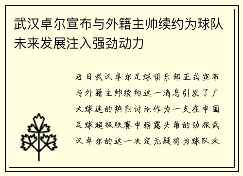 武汉卓尔宣布与外籍主帅续约为球队未来发展注入强劲动力