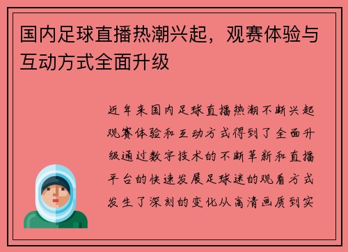 国内足球直播热潮兴起，观赛体验与互动方式全面升级